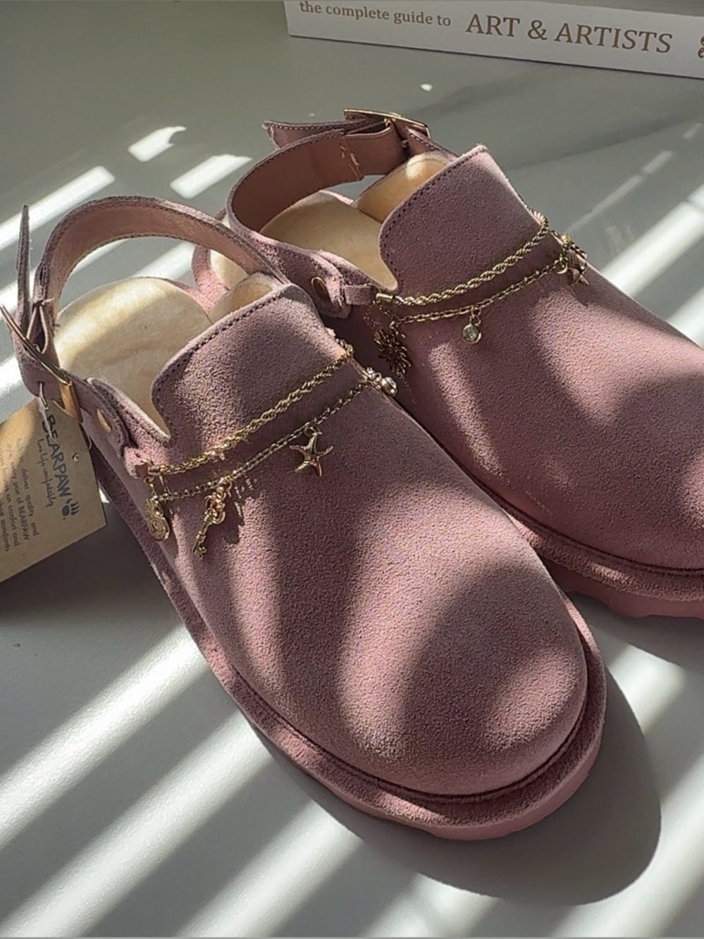 Women’s Pink Suede Slingback comfy shoes with Gold Charm Chain - NEW